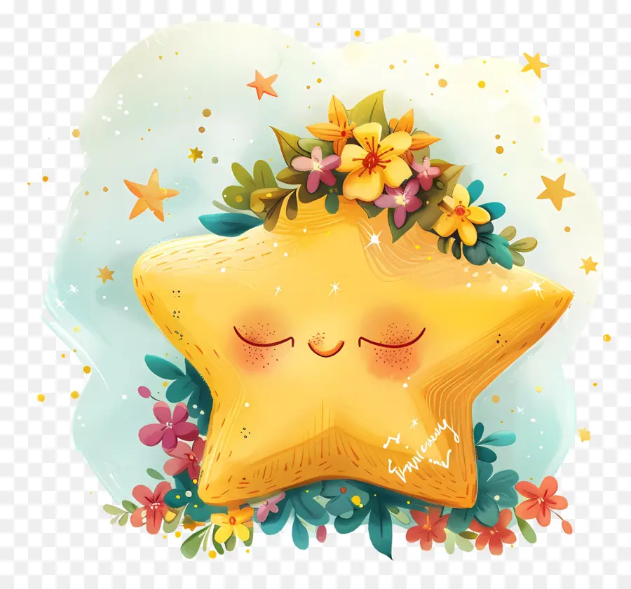 Estrela Kawaii，Estrela Amarela Com Flores PNG