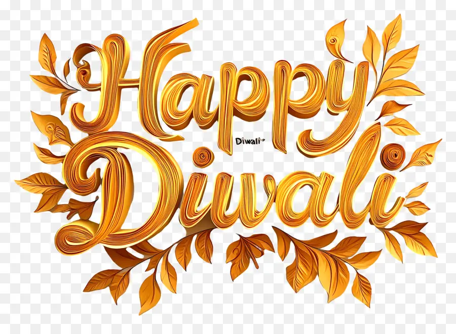 Feliz Diwali，Texto Feliz De Diwali Com Folhas Douradas PNG