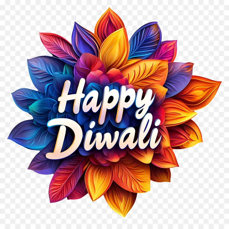 Feliz Diwali，Texto Feliz De Diwali Com Folhas Coloridas PNG