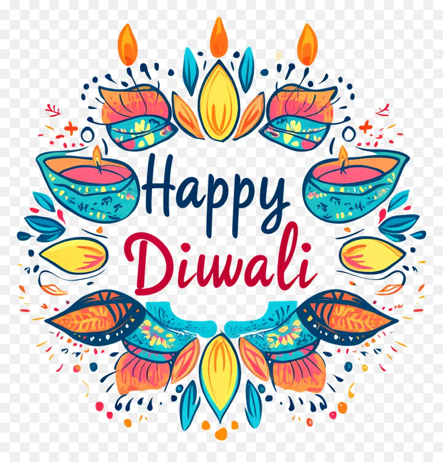 Feliz Diwali，Texto Feliz De Diwali Com Lâmpadas Coloridas PNG