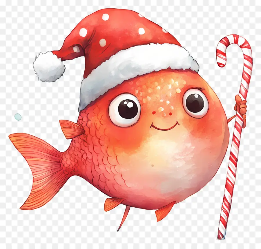 Peixe De Natal，Peixe Laranja Com Chapéu De Papai Noel E Bastão De Doces PNG