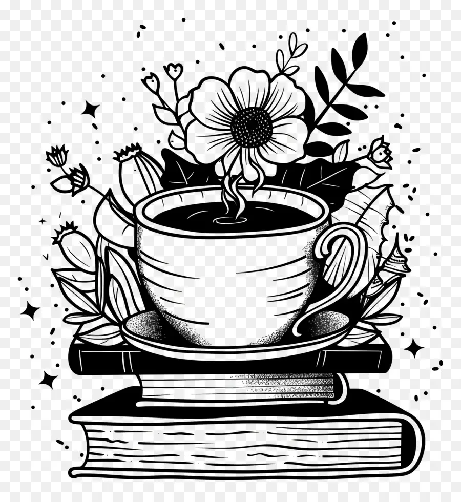 Desenho De Livros，Xícara De Café Floral PNG