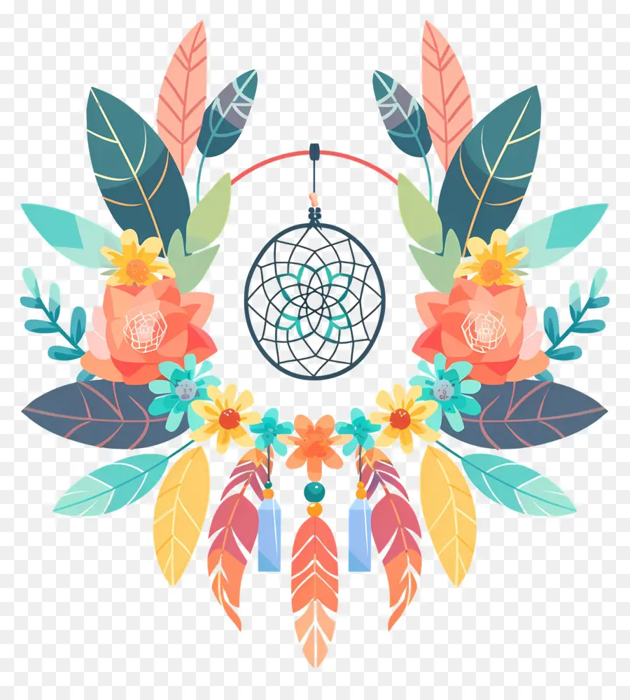 Quadro Boho，Apanhador De Sonhos Colorido Com Flores PNG