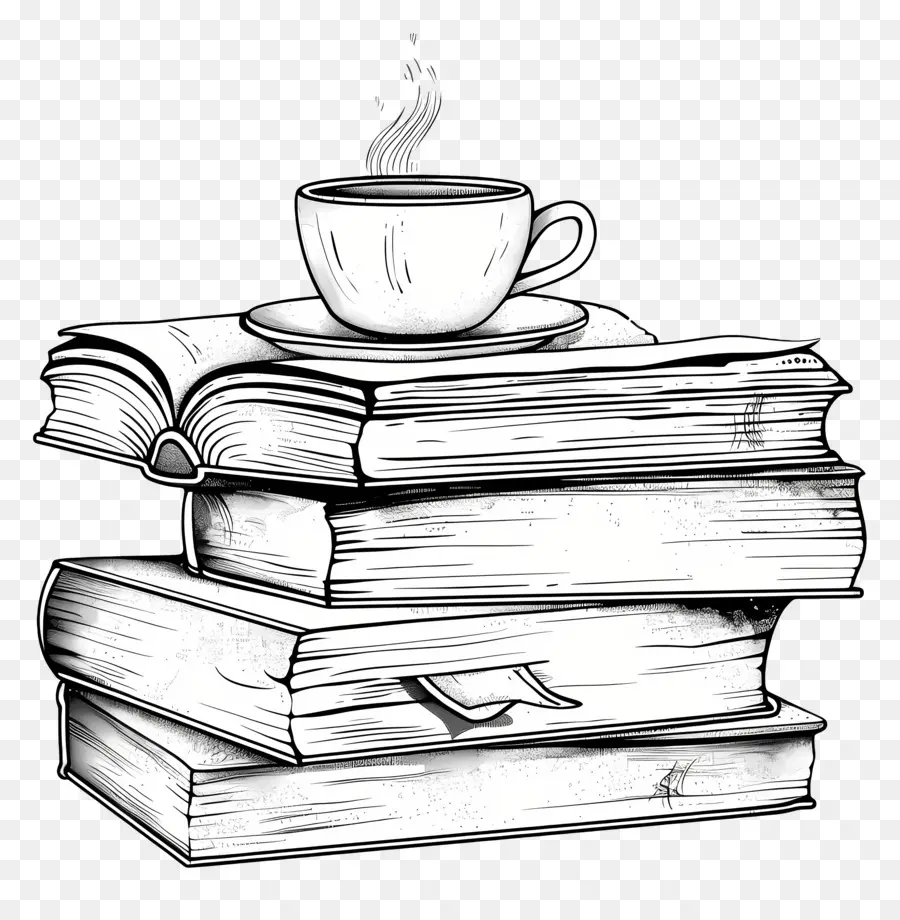 Desenho De Livros，Xícara De Café E Livros PNG