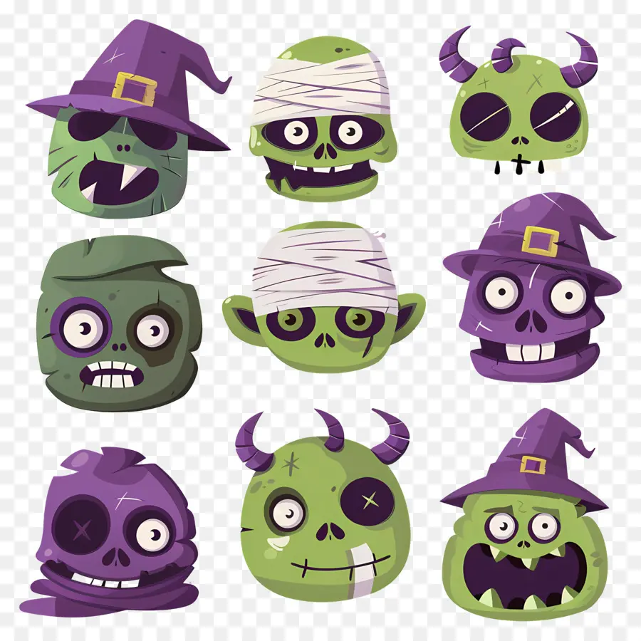 Personagens De Halloween，Caras De Monstro Verde PNG