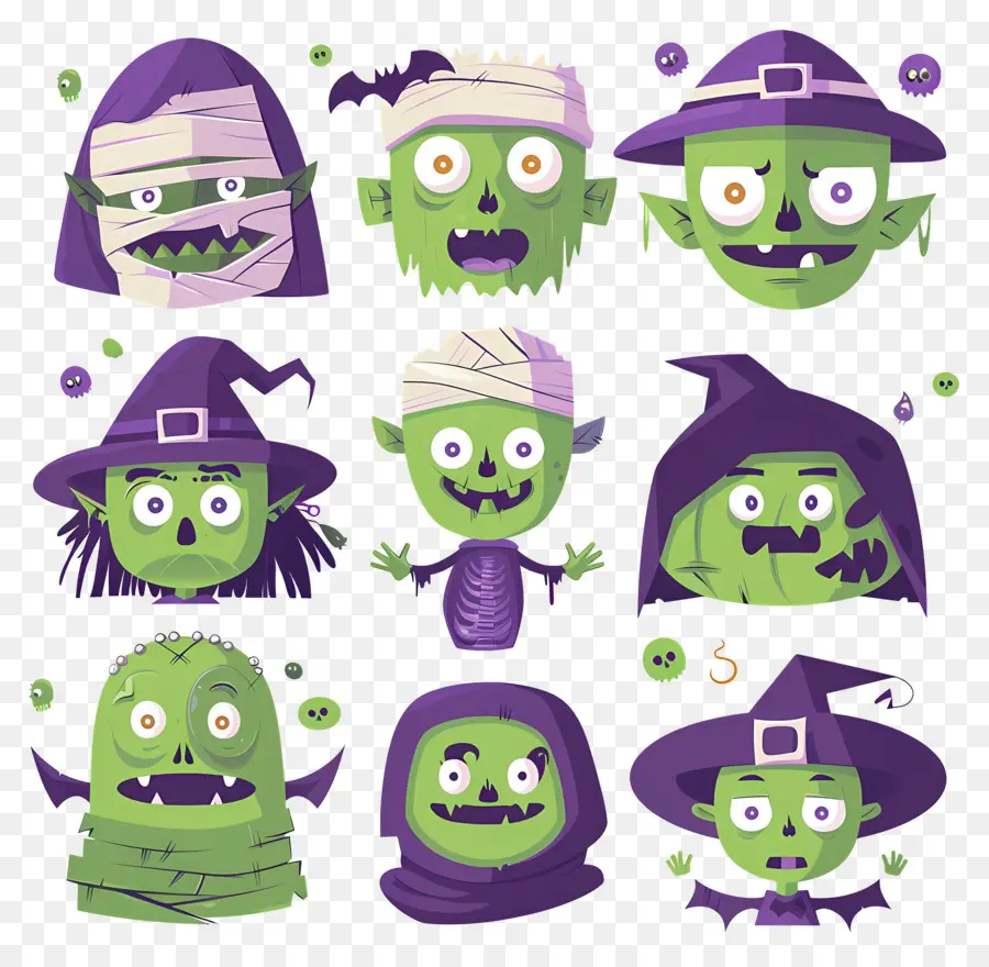 Personagens De Halloween，Caras De Monstros Verdes PNG