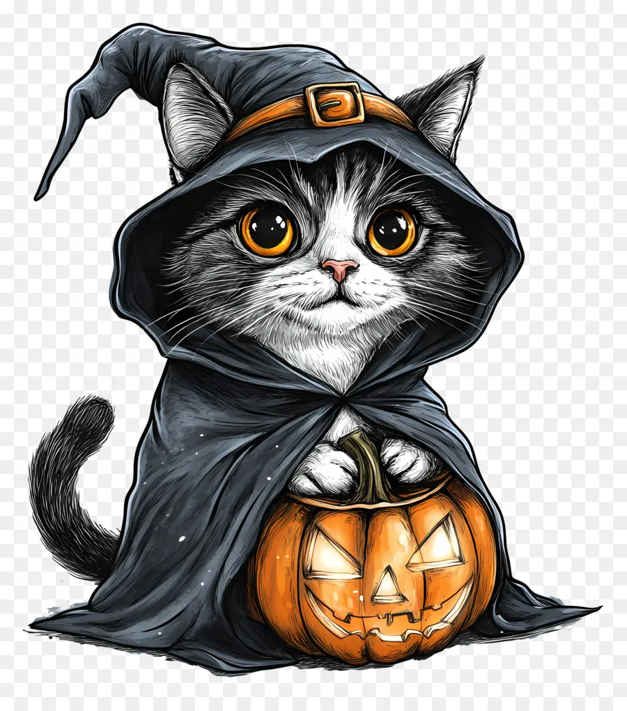 Gato Halloween，Gato Com Capa Preta E Laranja PNG