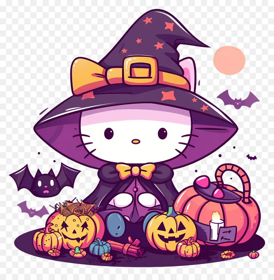 Olá Kitty Halloween，Bruxa De Gato De Desenho Animado PNG