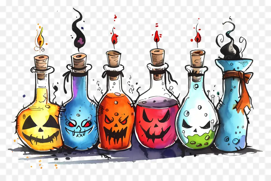 Fronteira De Halloween，Garrafas De Poções Coloridas PNG