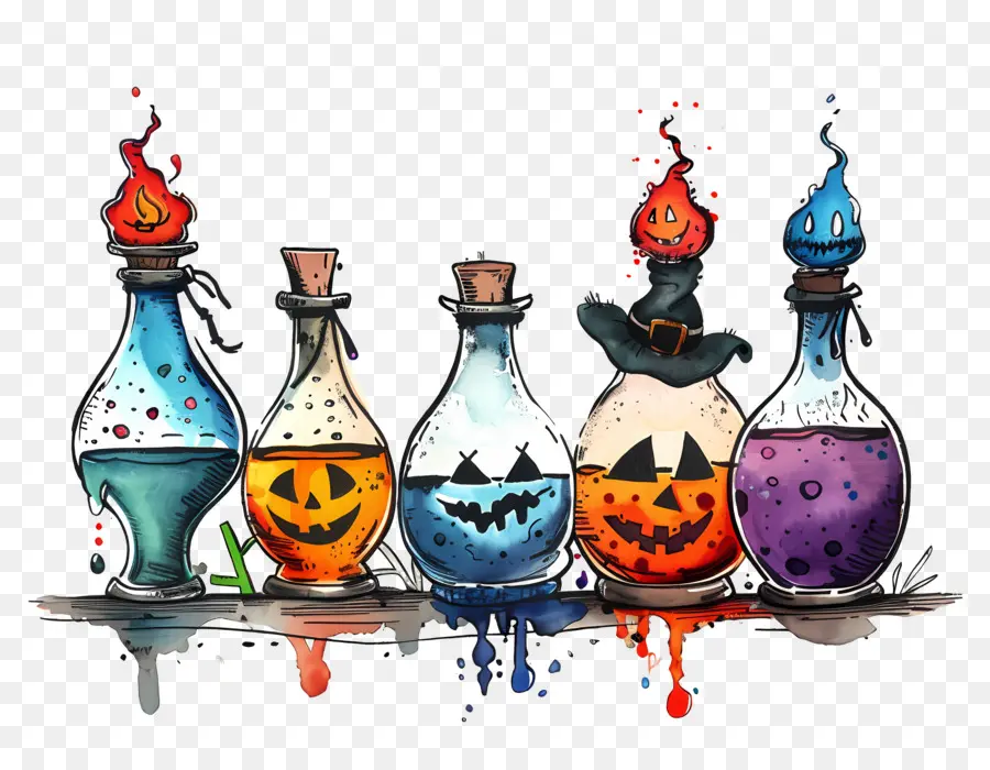 Fronteira De Halloween，Garrafas De Poções Coloridas PNG