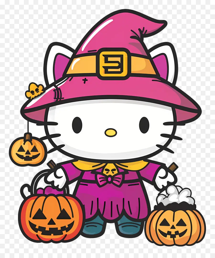 Olá Kitty Halloween，Bruxa Gato PNG