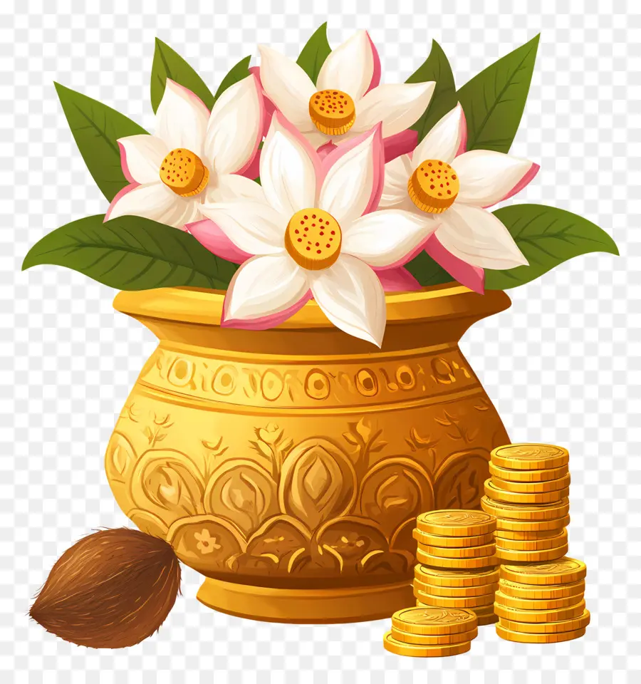 Akshaya Tritiya，Pote Dourado Com Flores PNG