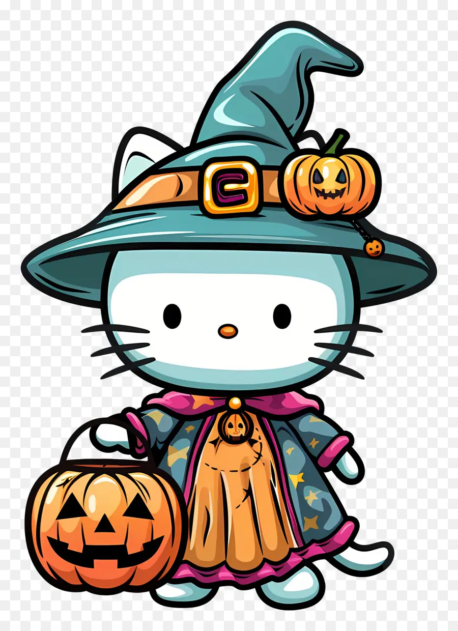 Olá Kitty Halloween，Bruxa Gato PNG