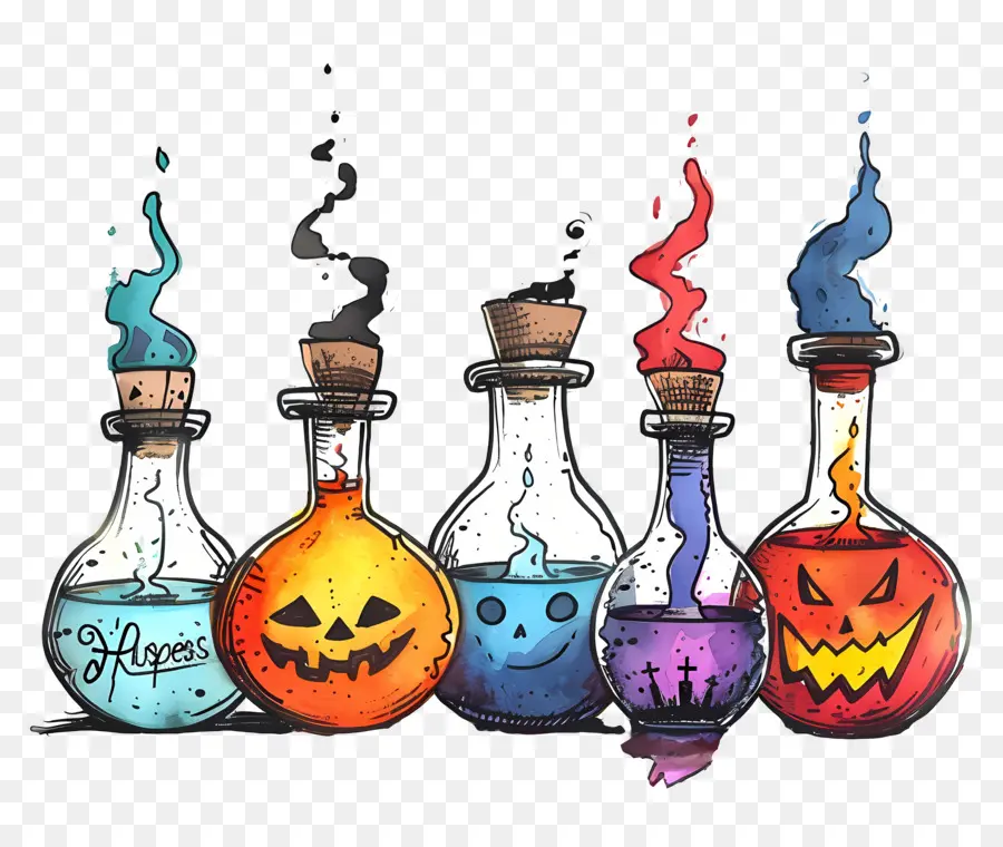 Fronteira De Halloween，Garrafas De Poções Coloridas PNG