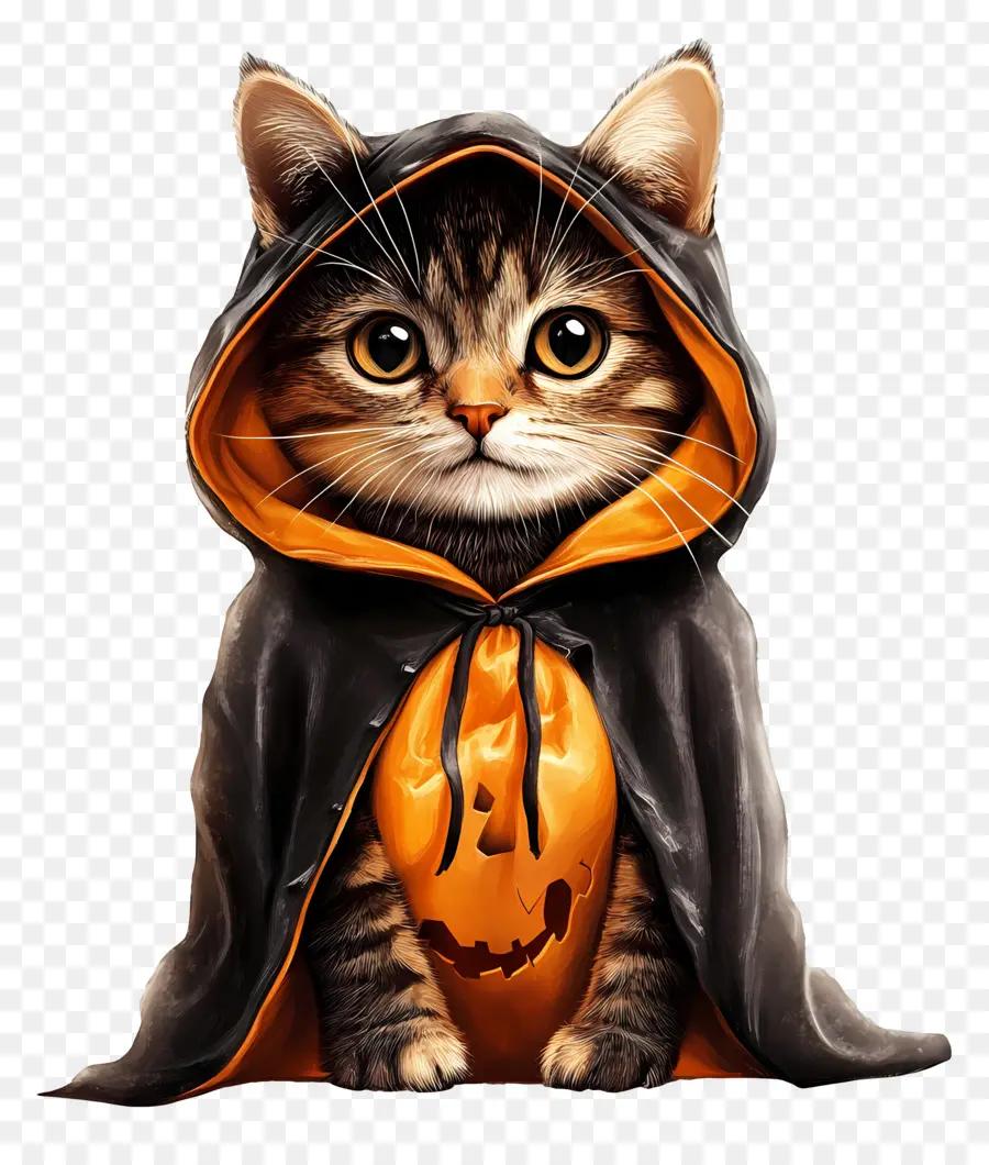 Gato Halloween，Gato Com Capa Preta E Laranja PNG