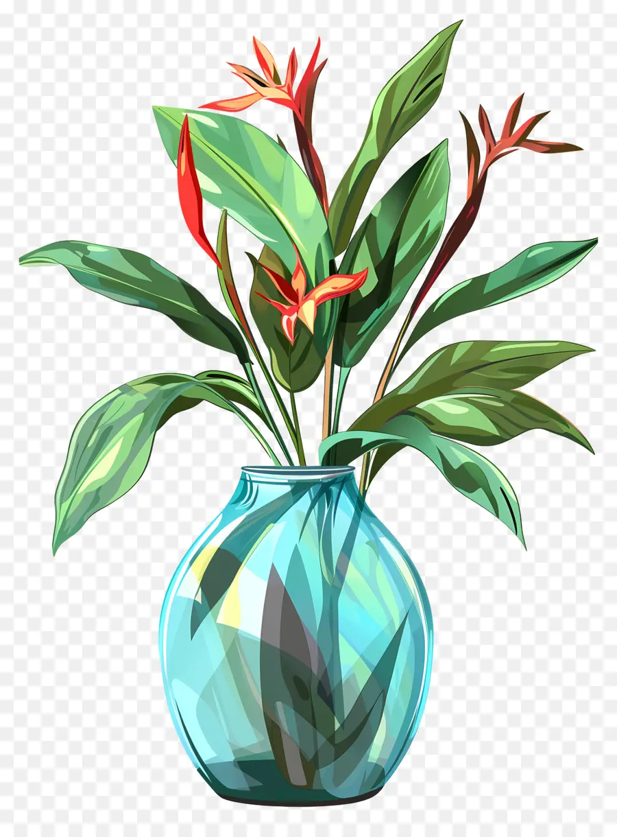 Flores Em Vaso，Vaso De Vidro Com Folhas Tropicais PNG