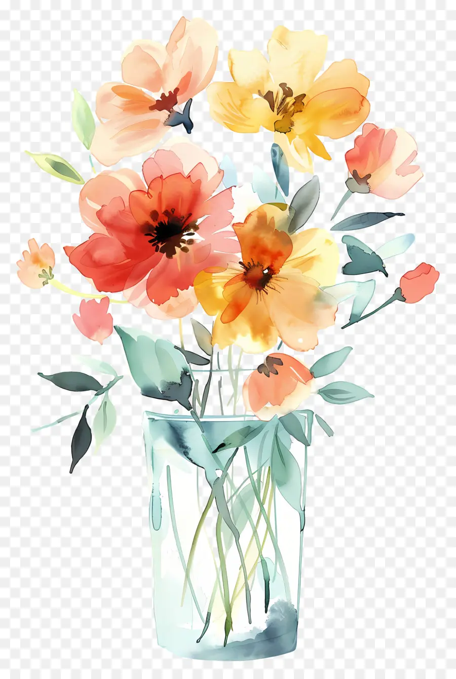 Flores Em Vaso，Flores Em Aquarela PNG