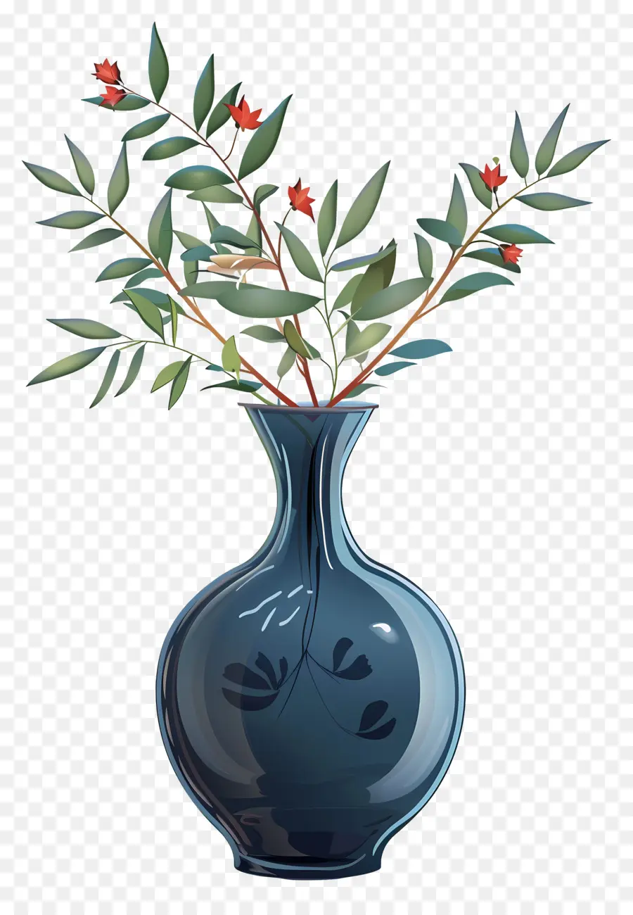 Flores Em Vaso，Vaso Azul Com Folhas PNG