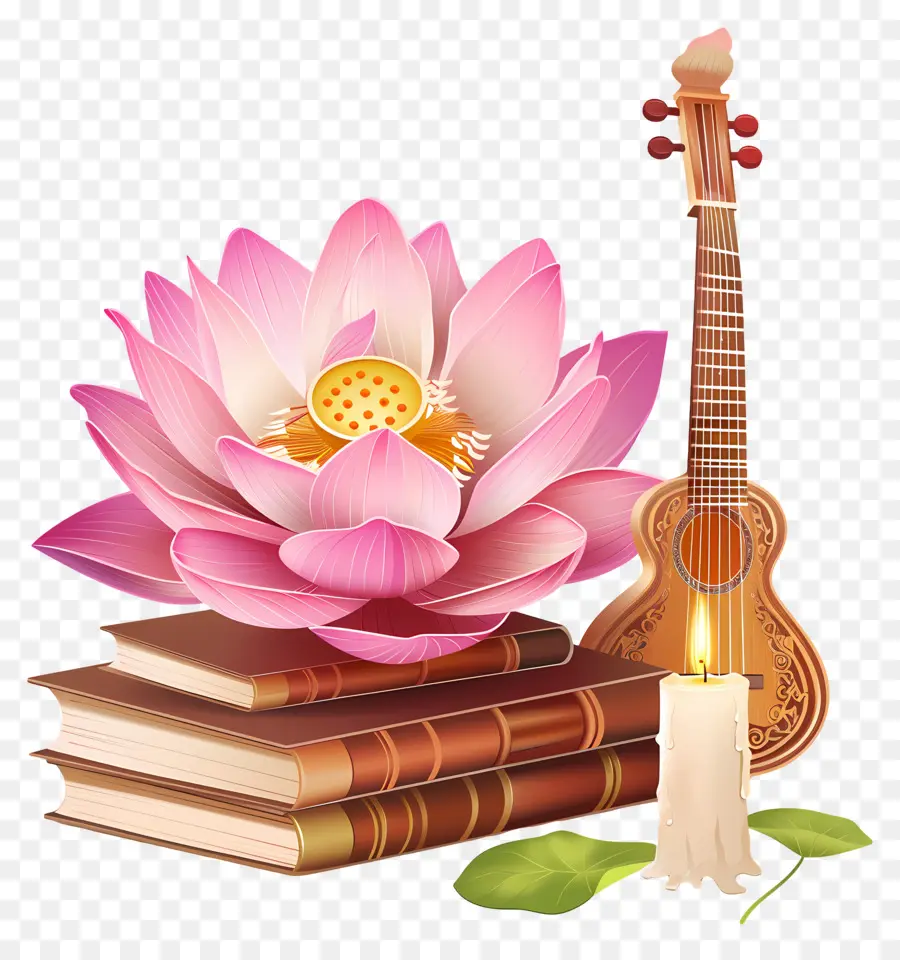 Saraswathi Puja，Guitarra E Lótus PNG