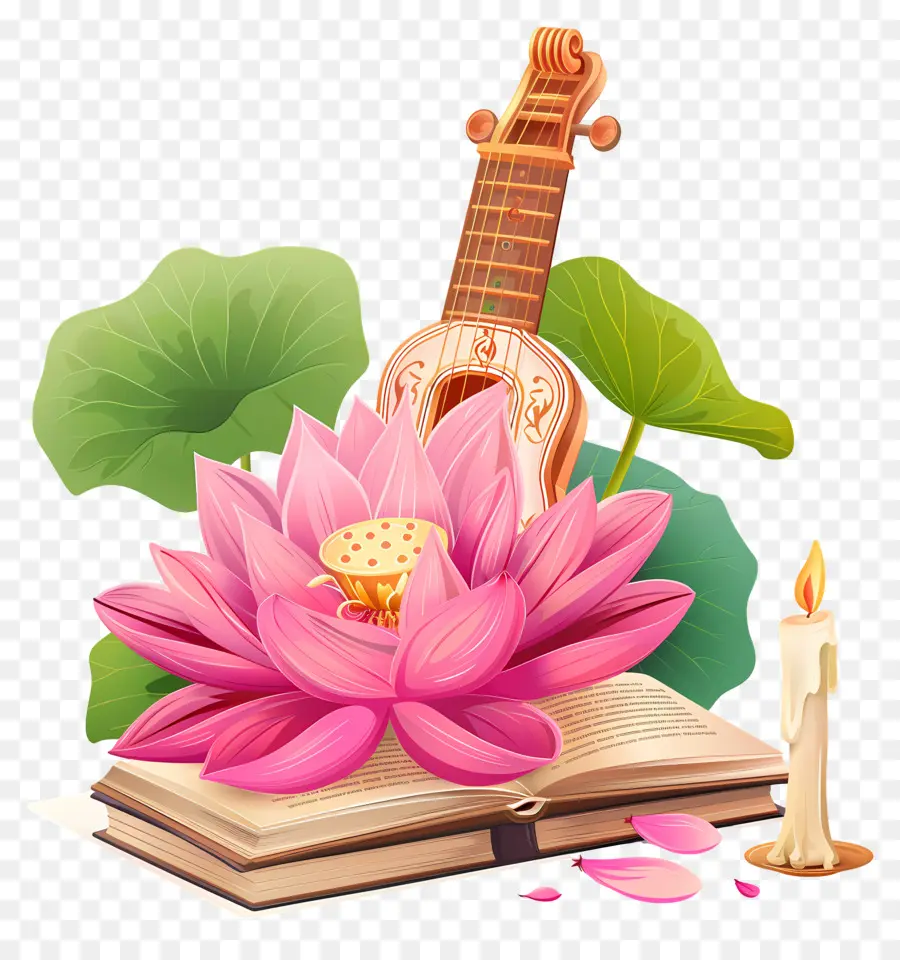 Saraswathi Puja，Guitarra E Lótus PNG