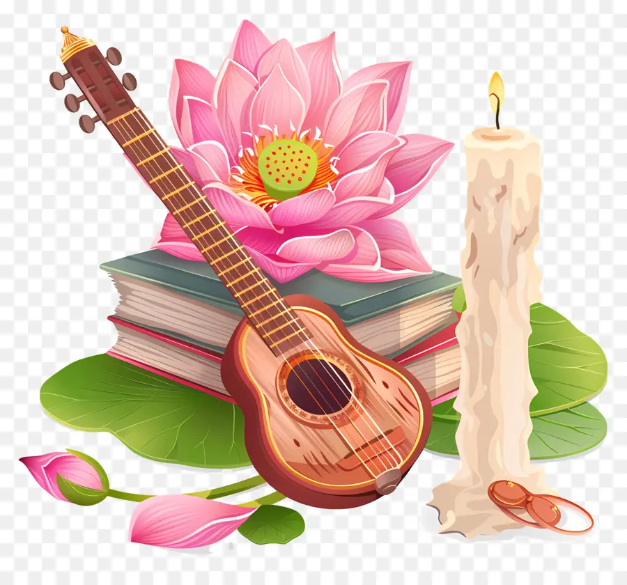 Saraswathi Puja，Guitarra E Lótus PNG