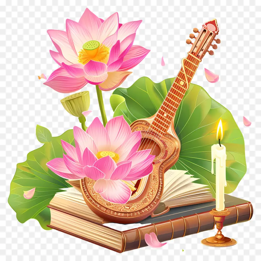 Saraswathi Puja，Guitarra E Lótus PNG