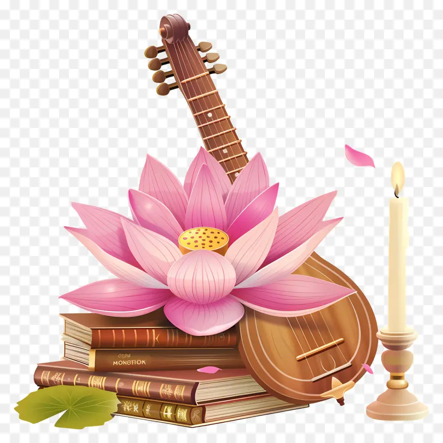 Saraswathi Puja，Guitarra E Lótus PNG