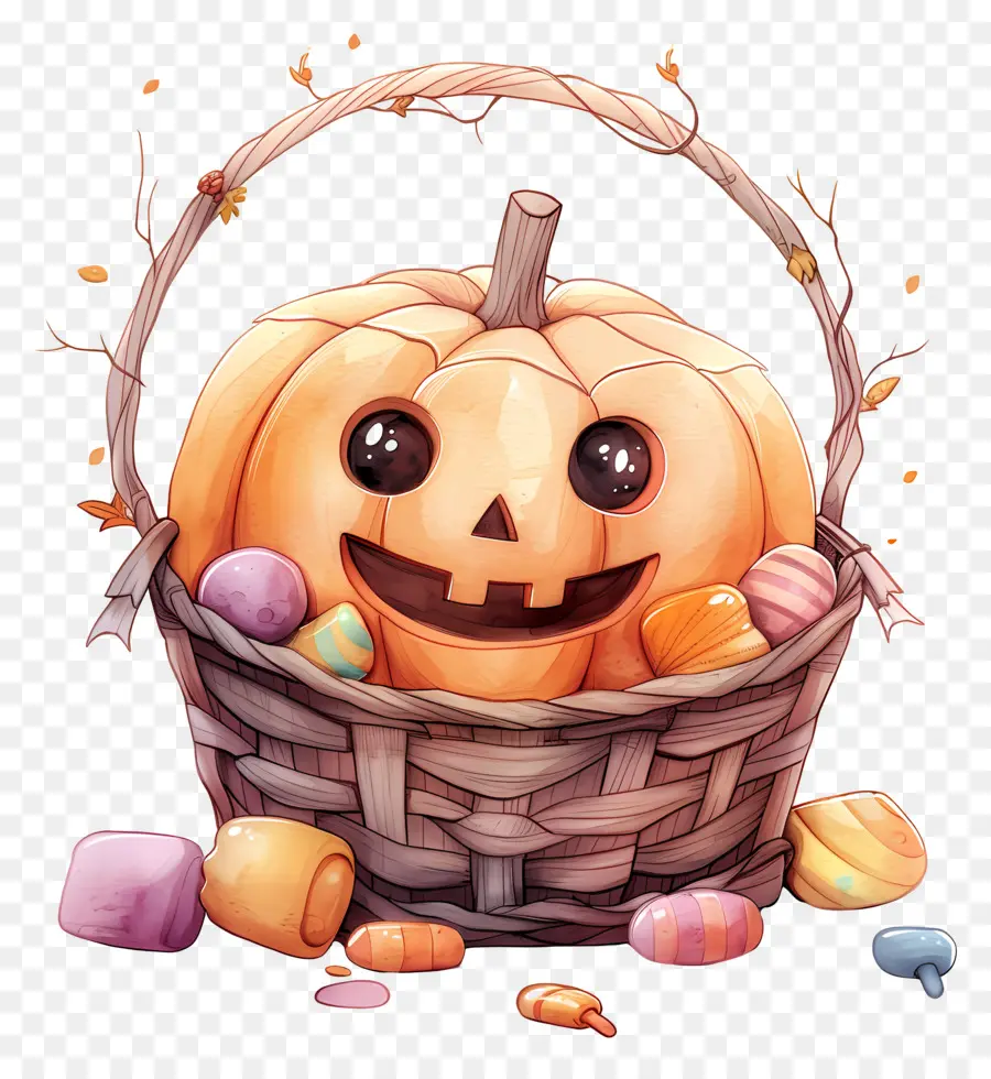 Cesta De Halloween，Abóbora Com Doces PNG