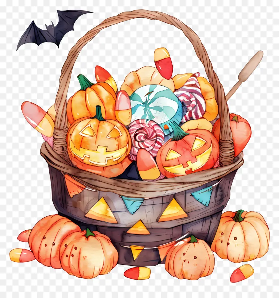 Cesta De Halloween，Abóbora Com Doces PNG