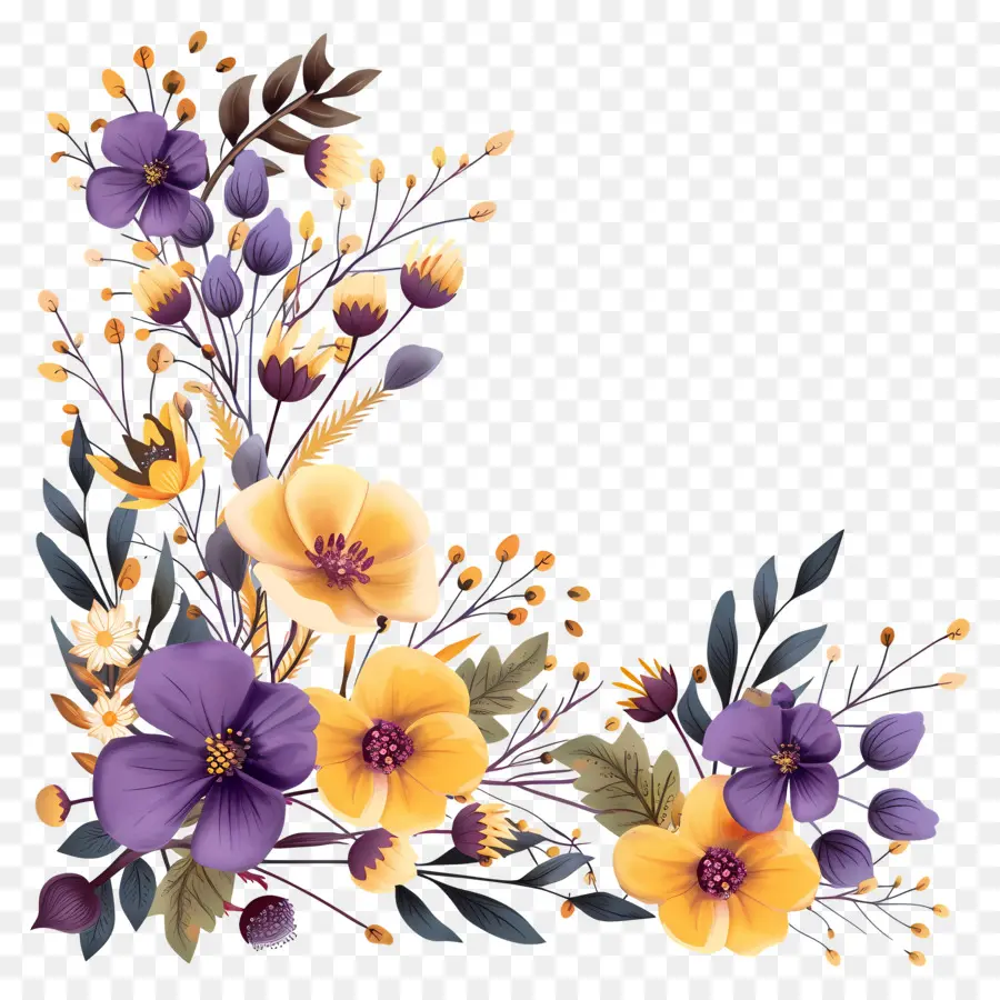 Canto Das Flores，Canto Floral Roxo E Amarelo PNG