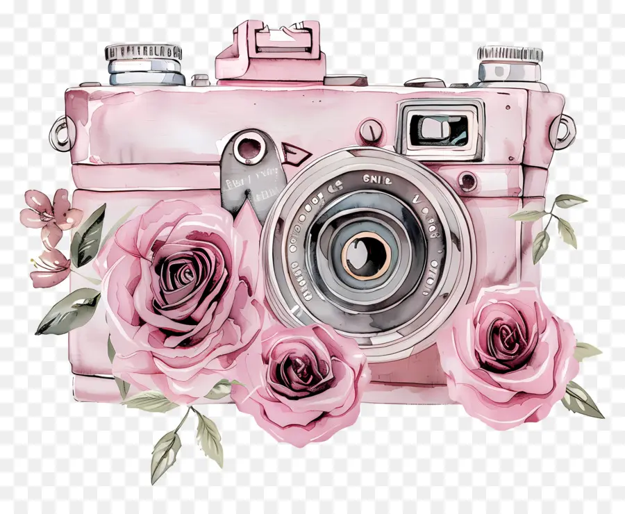 Câmera Aquarela，Câmera Vintage Com Rosas PNG