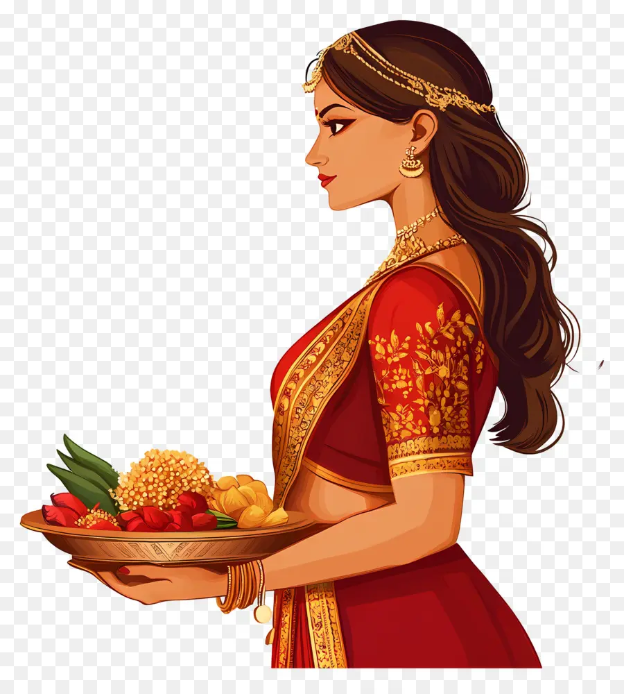 Karva Chauth，Mulher Tradicional Com Prato PNG