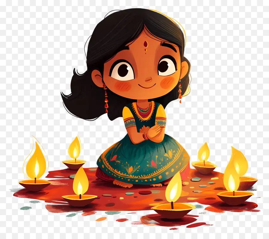 Deepavali，Menina Com Lâmpadas PNG