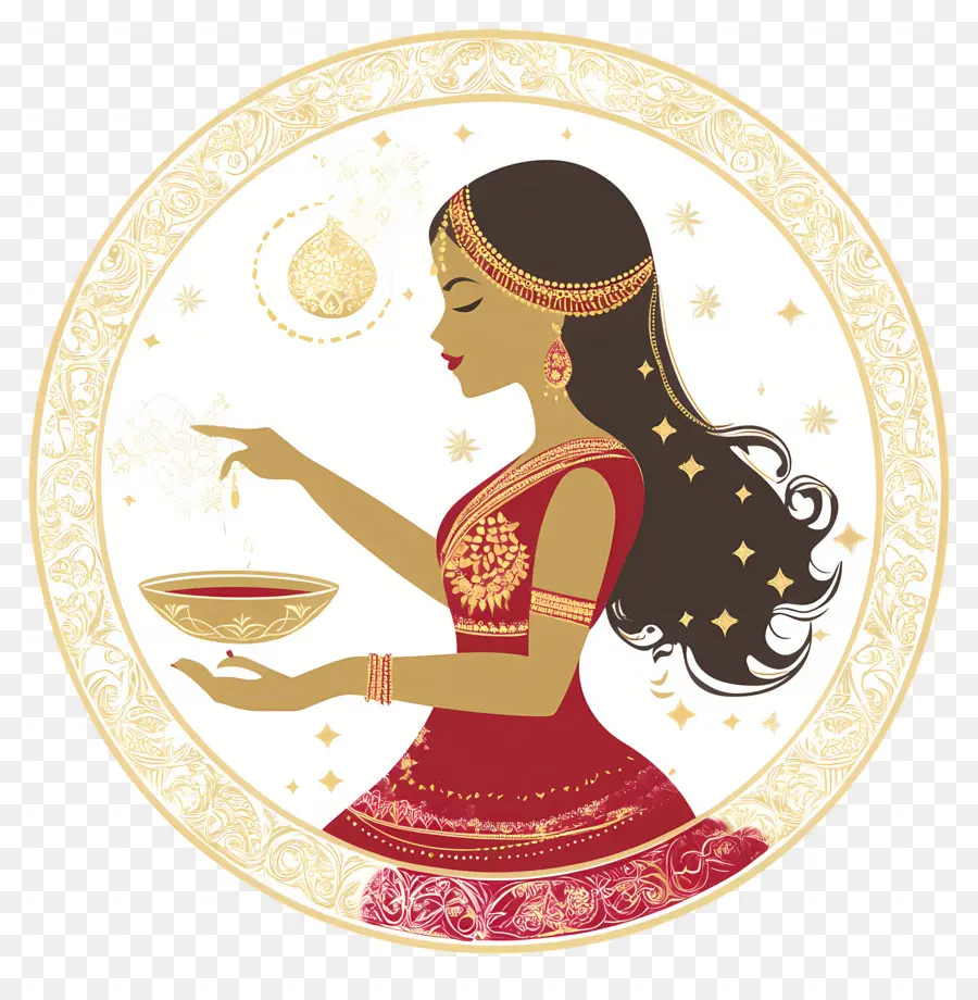 Karva Chauth，Mulher Com Diya PNG