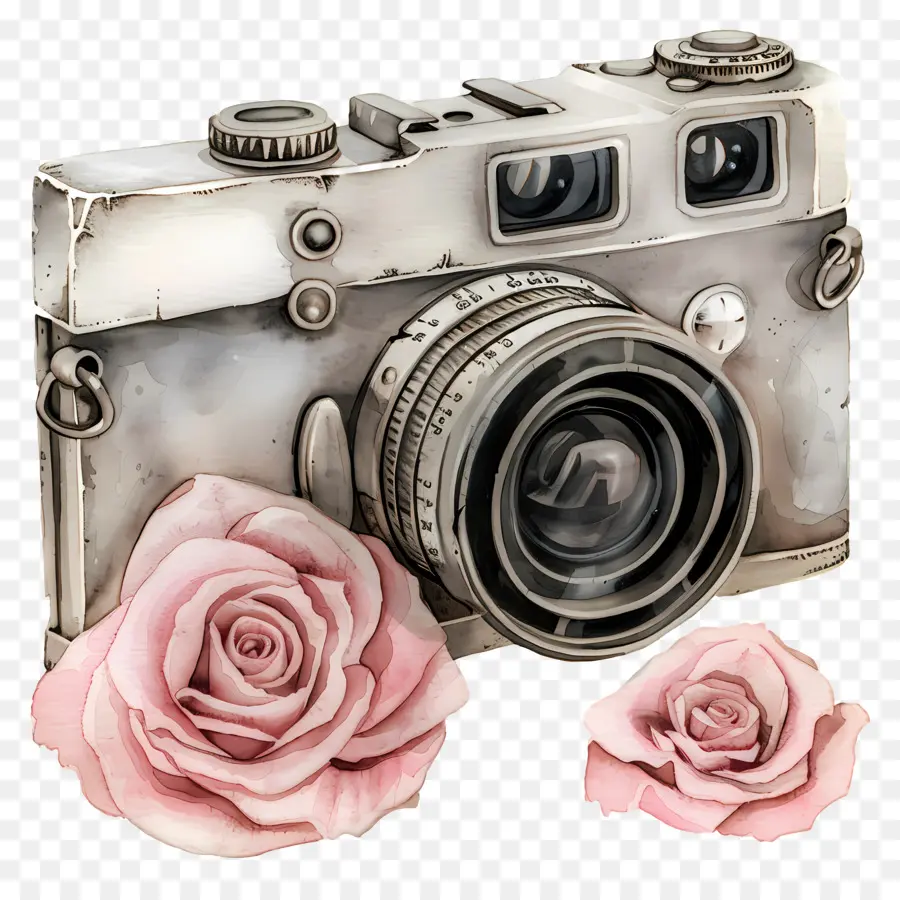 Câmera Aquarela，Câmera Vintage Com Rosas PNG