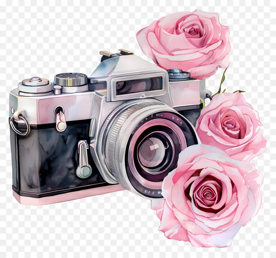 Câmera Aquarela，Câmera Vintage Com Rosas PNG