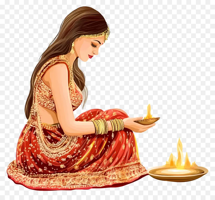 Karva Chauth，Mulher Com Diya PNG