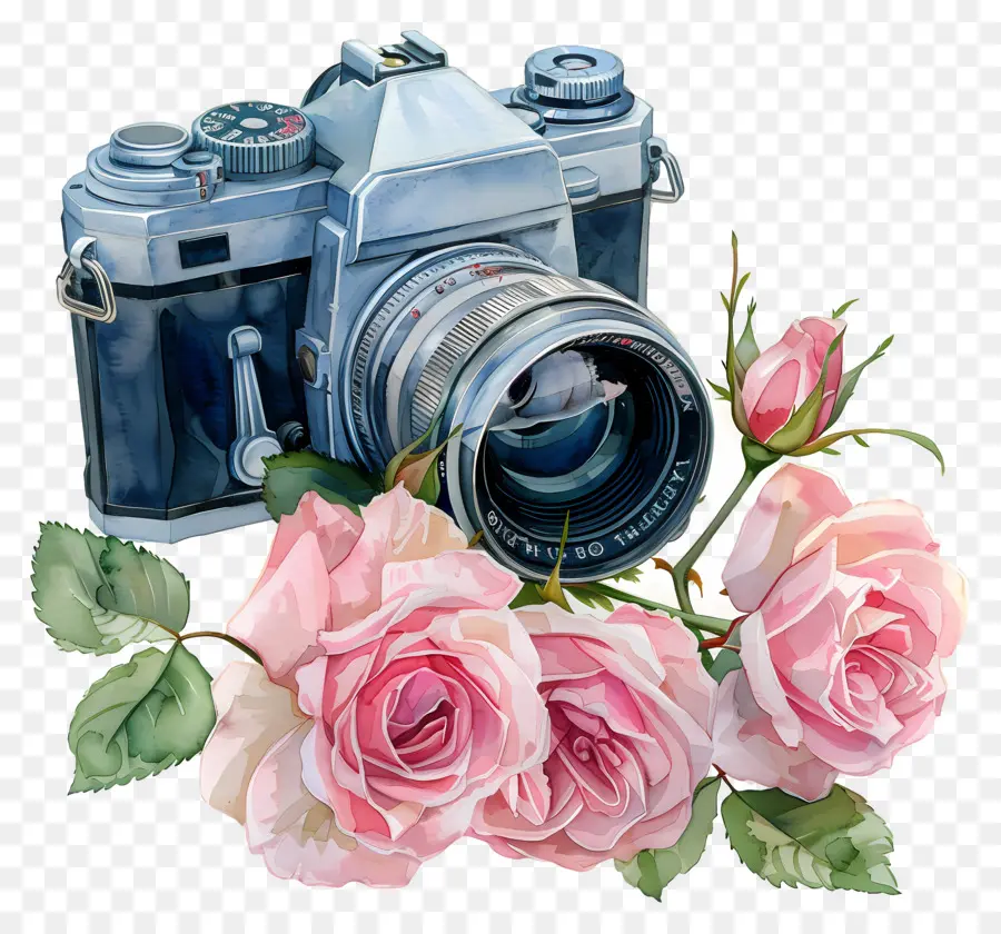 Câmera Aquarela，Câmera Vintage Com Rosas PNG