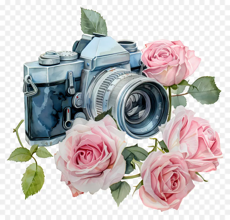 Câmera Aquarela，Câmera Vintage Com Rosas PNG