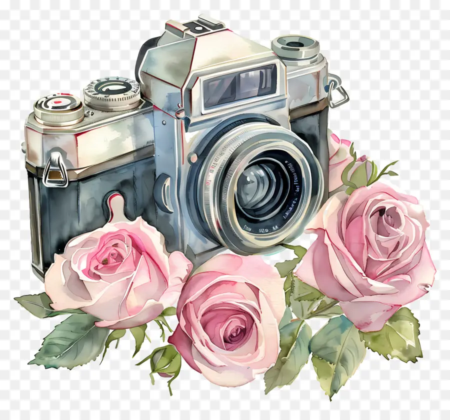 Câmera Aquarela，Câmera Vintage Com Rosas PNG