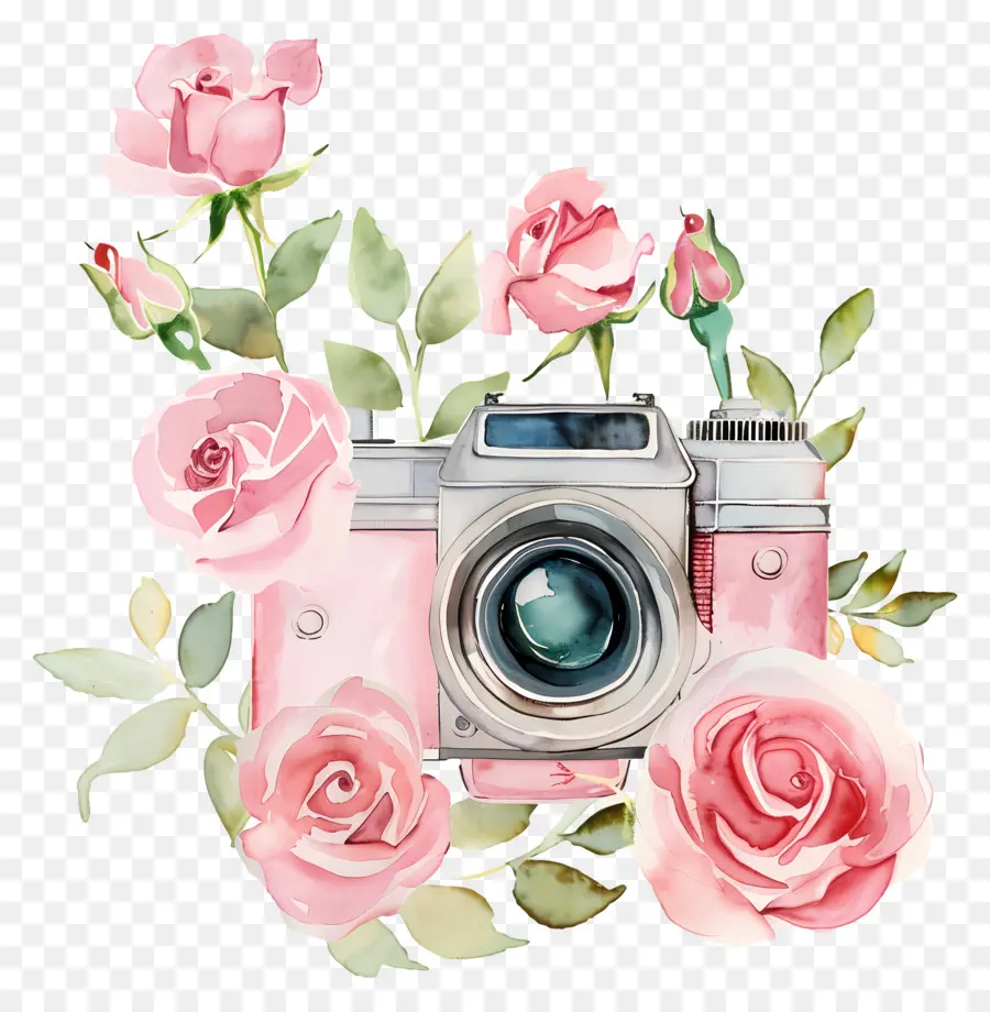 Câmera Aquarela，Câmera Com Rosas PNG