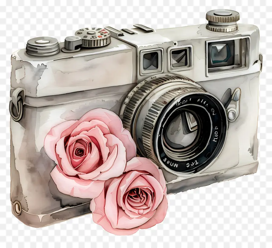 Câmera Aquarela，Câmera Vintage Com Rosas PNG