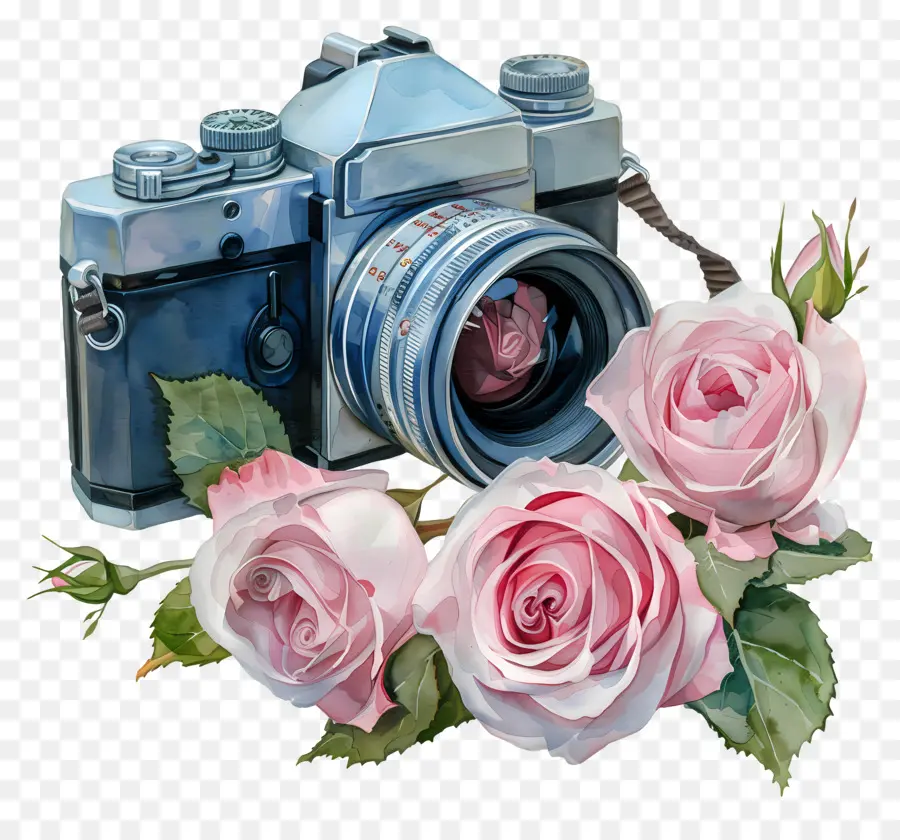 Câmera Aquarela，Câmera Vintage Com Rosas PNG