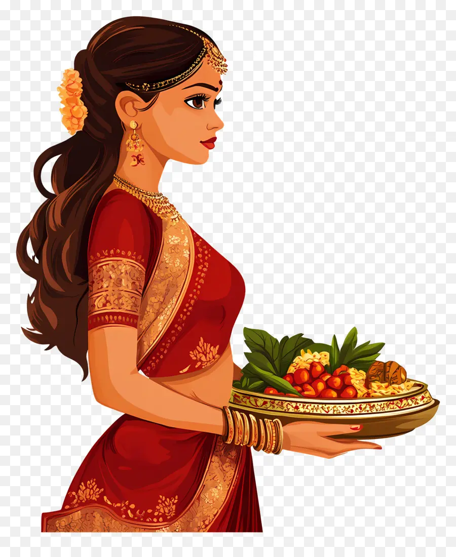 Karva Chauth，Mulher Tradicional Com Prato PNG