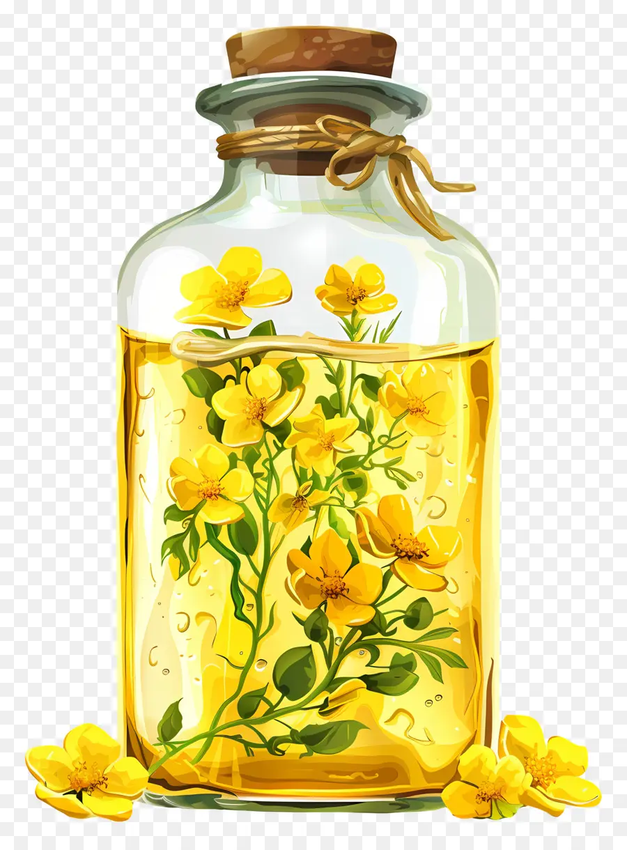 óleo De Canola，Flores Amarelas Em Uma Garrafa PNG