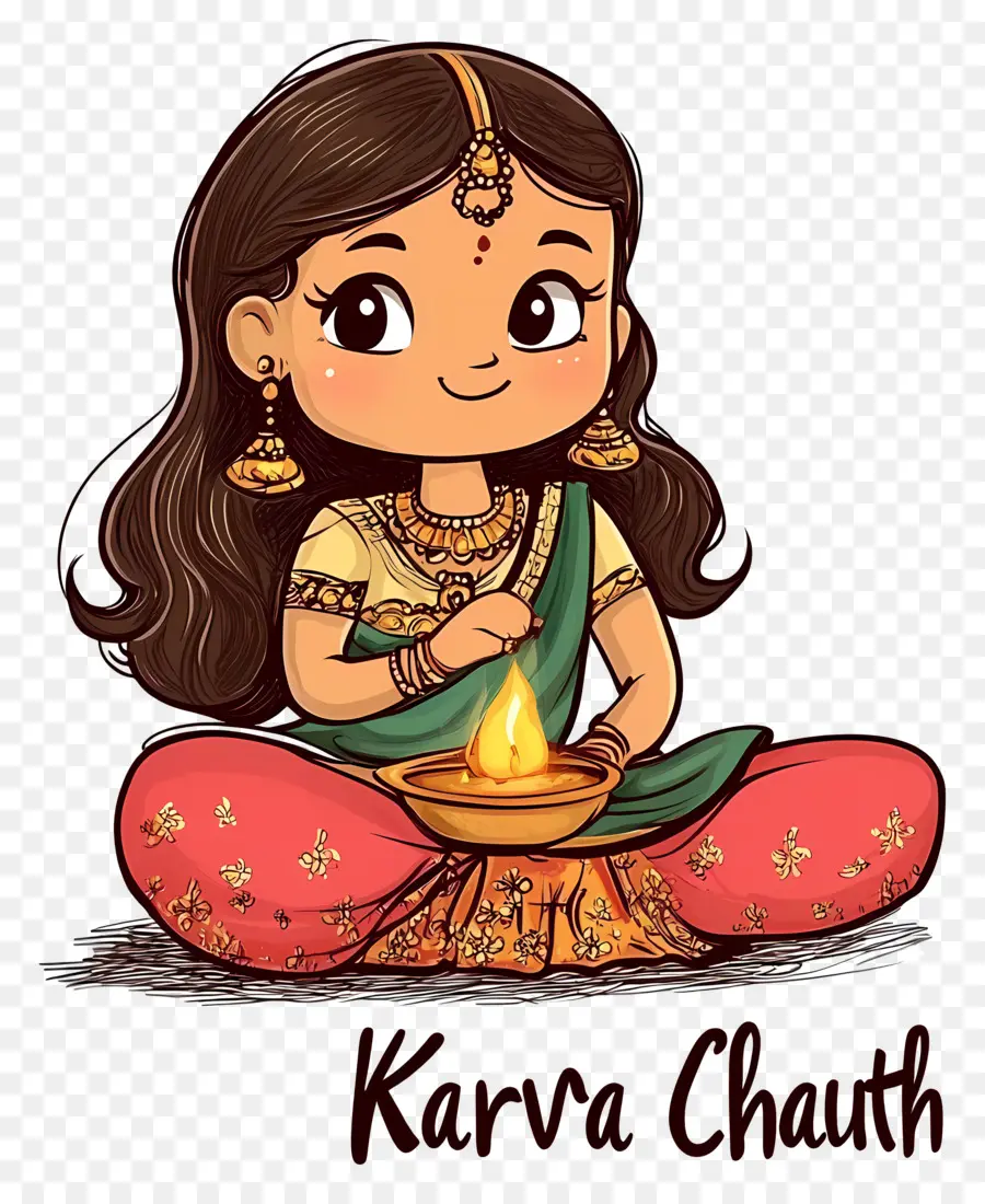 Karva Chauth，Menina De Desenho Animado Com Lâmpada PNG