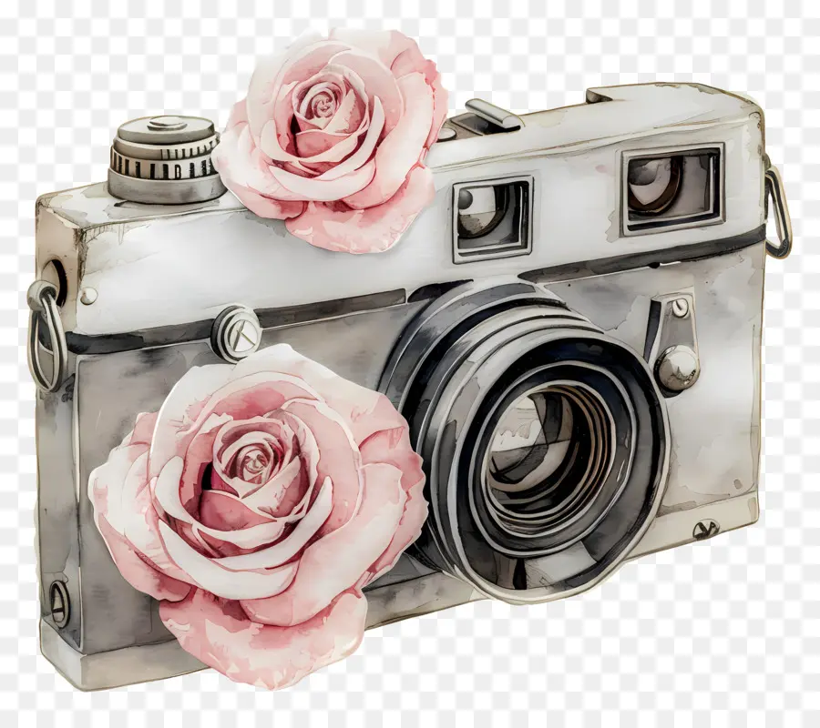 Câmera Aquarela，Câmera Vintage Com Rosas PNG