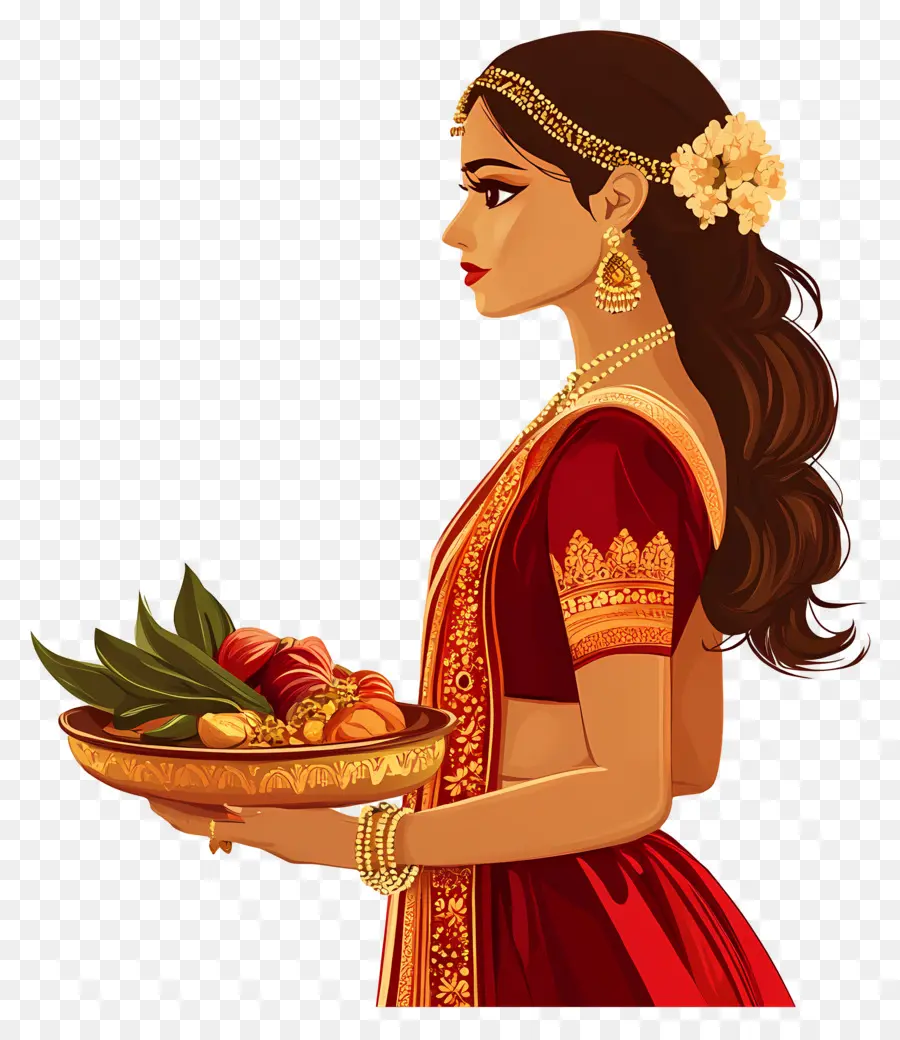 Karva Chauth，Mulher Tradicional Com Prato PNG