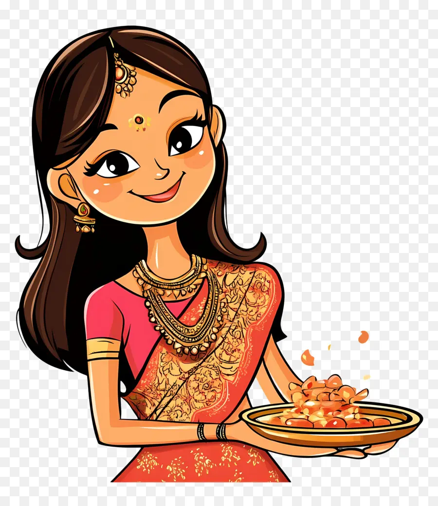 Karva Chauth，Mulher De Desenho Animado Em Vestido Tradicional PNG