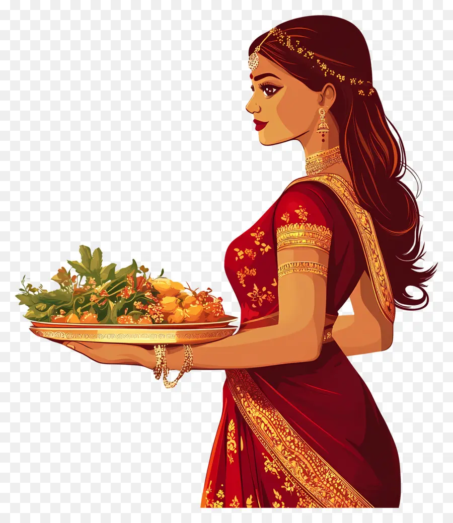 Karva Chauth，Mulher Tradicional Com Prato PNG